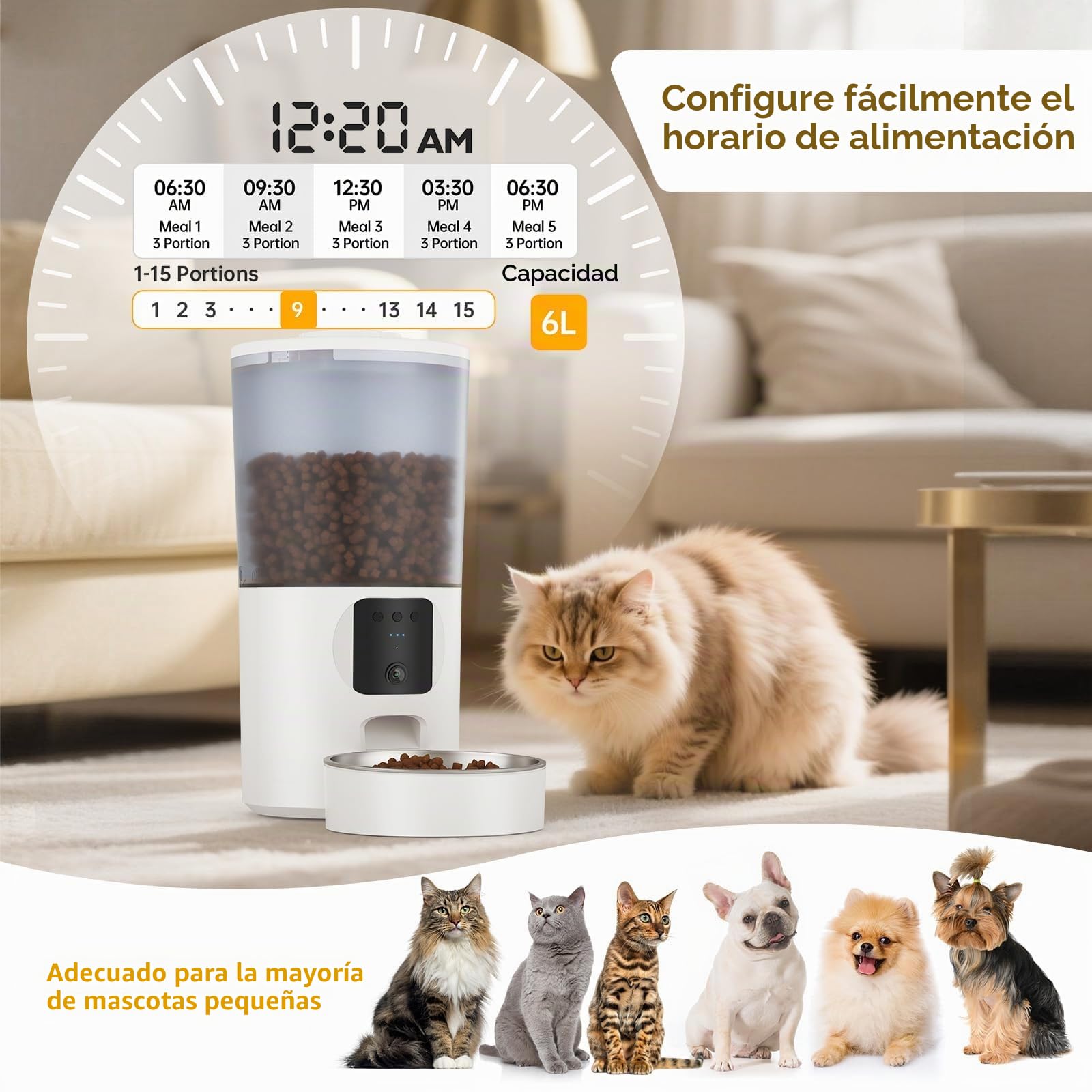 PF1-6L Comedero Gato Automatico WiFi, Cámara 1080P HD, Cuenco de Acero Inoxidable, Programable y con raciones, Antisuciedad y Cierre automático de Salida, Batería de Reserva