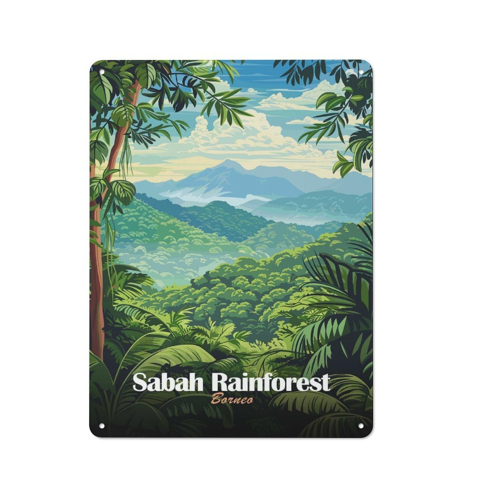 Metal Plaque with Sabah Rainforest Borneo Design 40x30cm, Rustic Cafe Wall Decor for Restaurant, Kitchen, Counter Or Breakfast Nook