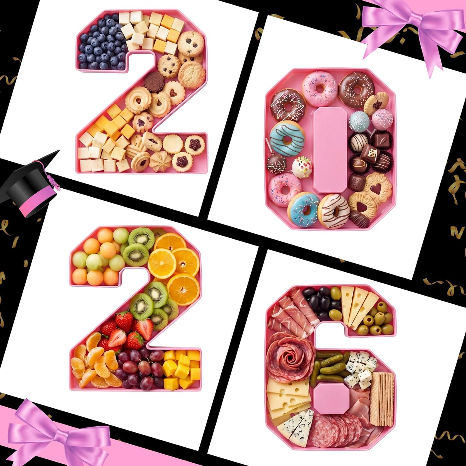Tellingyou 2026 Charcuterie Number Fillable Plastic Boxes 13.7" Graduation Large Fillable Tray Numbers for Chocolate Candy Snack Grad Party Supplies(Pink)