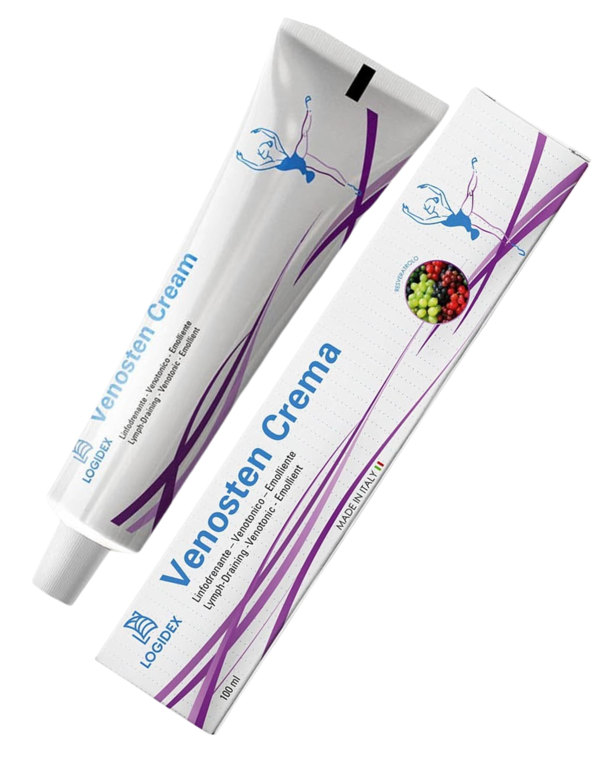 Venosten - Crema Vene Varicose e Capillari – Linfodrenante e Venotonica per Gambe Pesanti, Gonfie - con Resveratrolo, Troxerutina, Diosmina ed Escina - 100 ml - Logidex