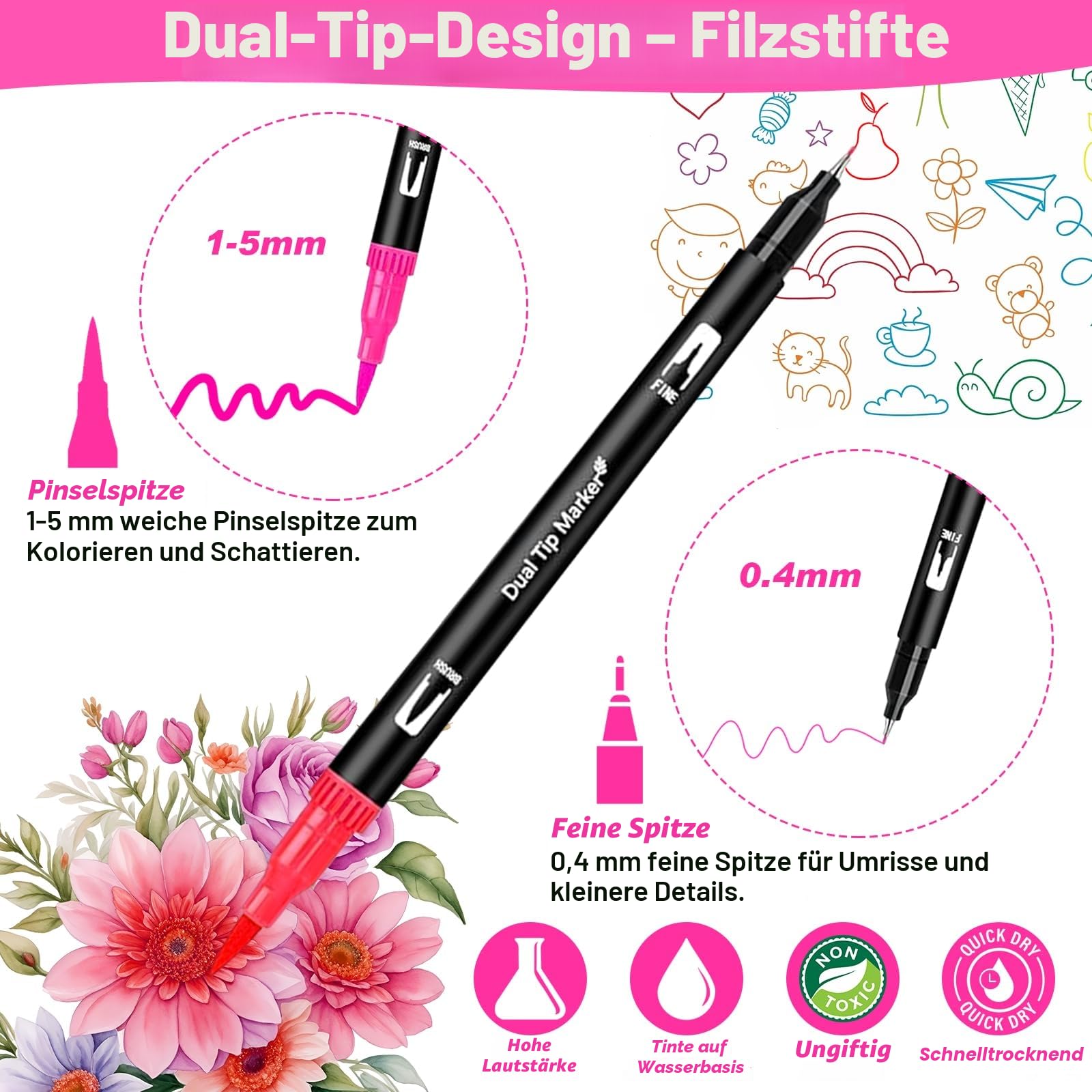 Filzstifte Set, 60 Farben Dual Brush Pen Set, Filzstifte Dicke und Dünne 1-5mm und 0,4 mm Pinselstifte und Fineliner Marker zum Zeichnen