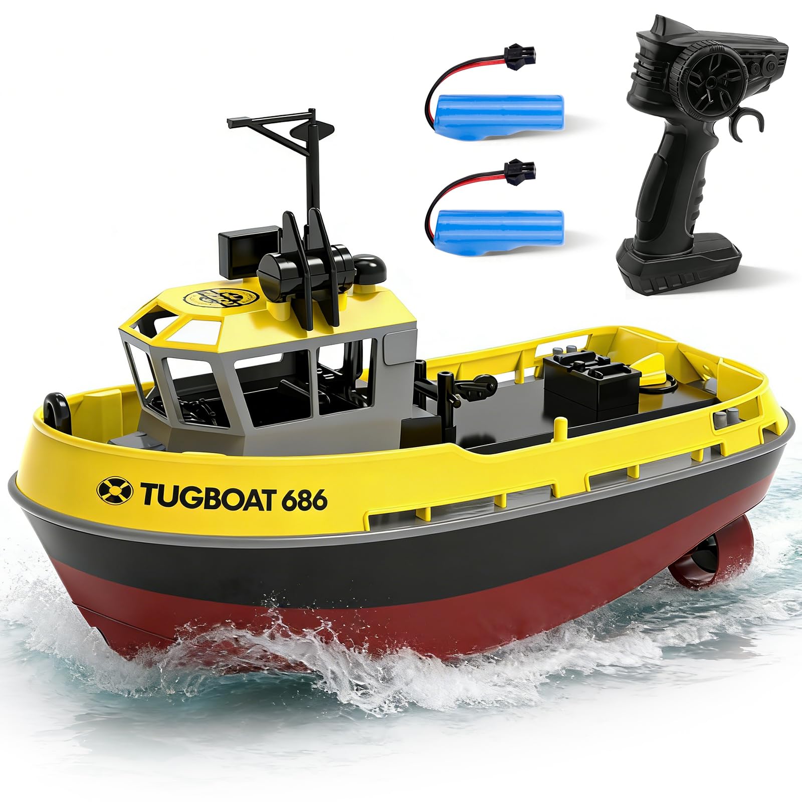 Remote Control Boat 2.4 Ghz Waterproof 1:72 Remote Control Tugboat for Adults and Children RC Boat for Kids Two Rechargeable Batteries 40 Minutes of Play Summer Outdoor Aquatic Toy Gift (Yellow)