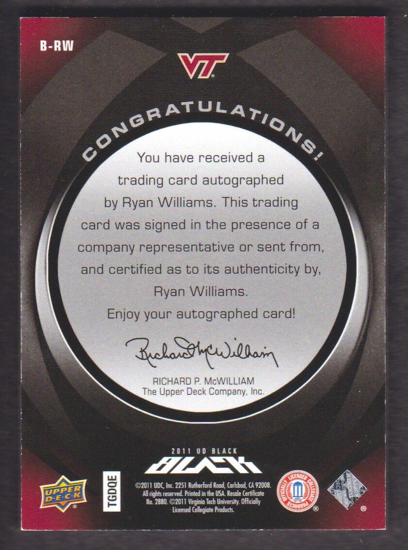 2011 UD Black Football Signatures #B-RW Ryan Williams Auto 50/60
