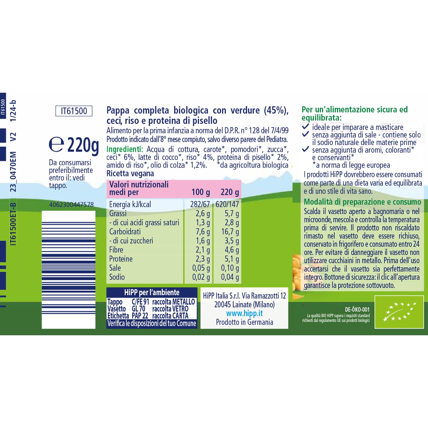 HiPP - Pappa Pronta Completa Bio, Risottino Cremoso con Verdure e Ceci, per Bambini, 100% Vegetale, Senza Sale Aggiunto, 6 Vasetti da 220 gr