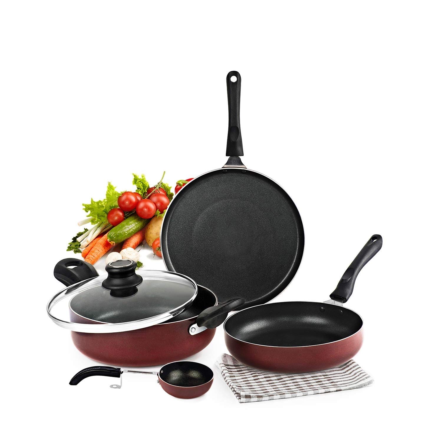 CELLO Aluminium 4Pcs Prima Non-Stick Cookware Set Induction Base Small Tadka Pan, 220Mm Kadhai, Fry Pan 220, 280Mm Non Stick Dosa Tawa With Glass Lid, Cherry, Red CELLO Aluminium 4Pcs Prima Non-Stick Cookware Set Induction Base Small Tadka Pan, 220Mm Kadhai, Fry Pan 220, 280Mm Non Stick Dosa Tawa With Glass Lid, Cherry, Red