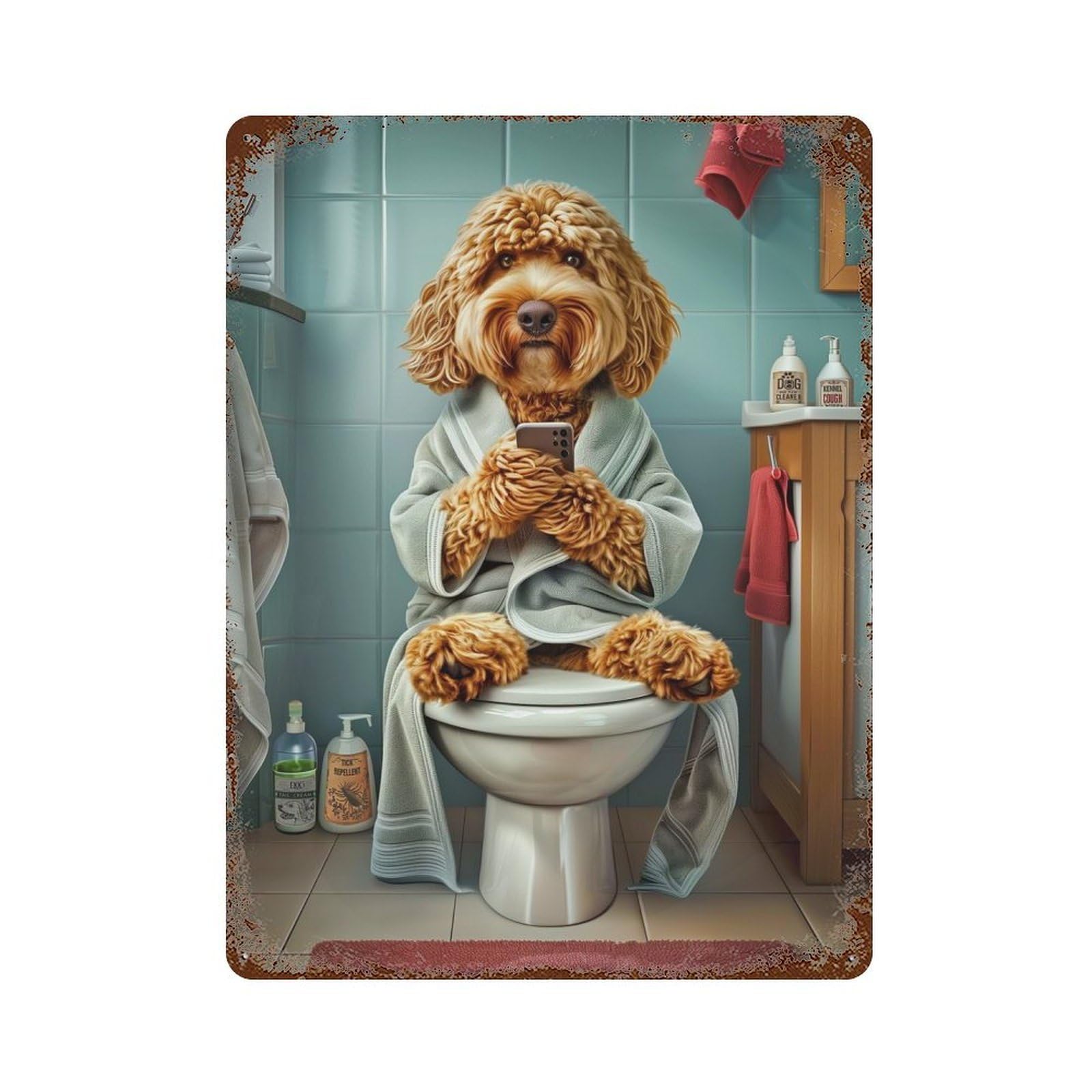Aged Metal Wall Plaque with Cockapoo on The Toilet Design 15.7"x11.8", for Basement, Hobby Room And Garage Decor, Farmhouse Wall Decor