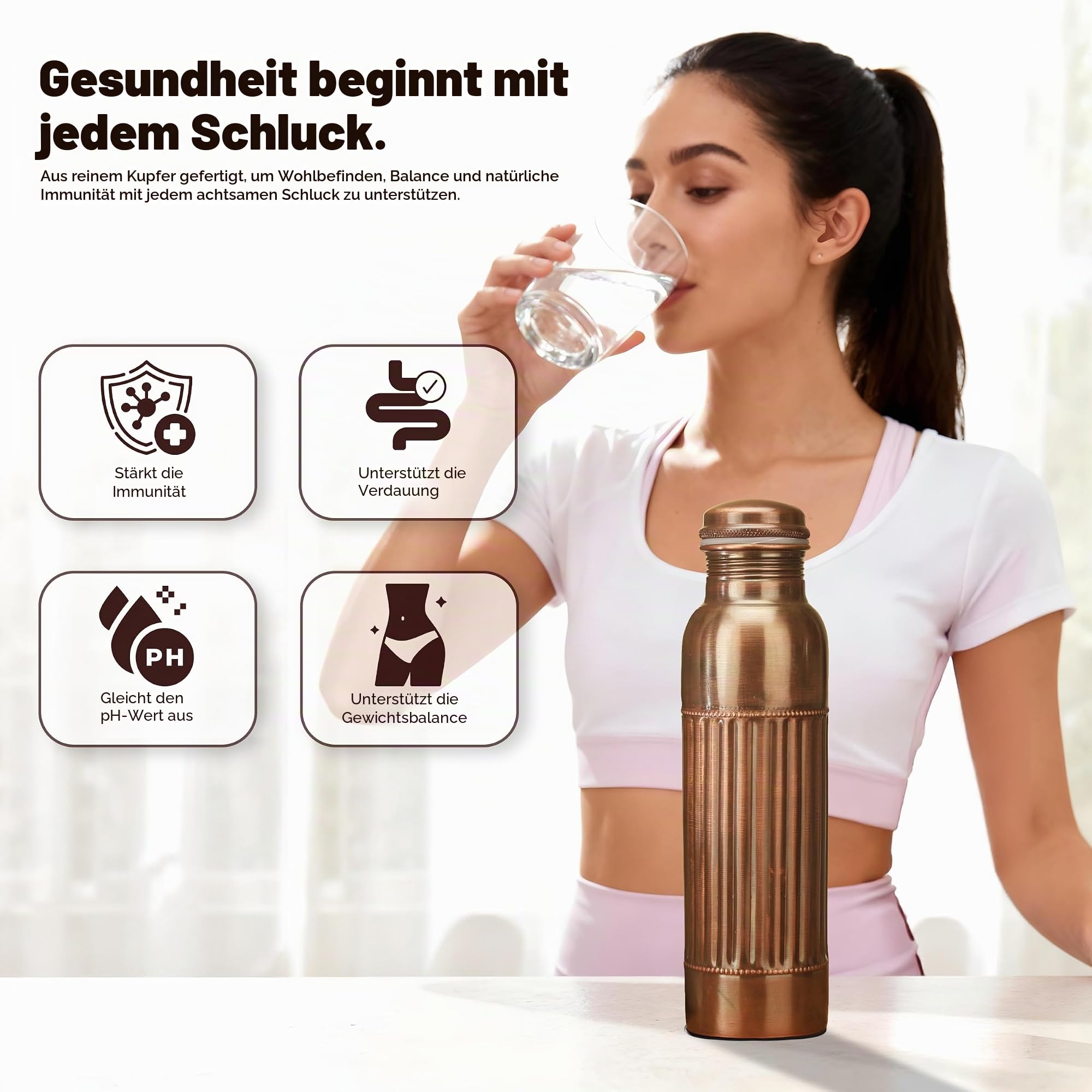 Kupfer-Wasserflasche, 34 oz, Antik-Schwarz, reine Kupfer-Wasserflasche, Reisen, Fitnessstudio, Wandern, Ayurveda – 2 Stück