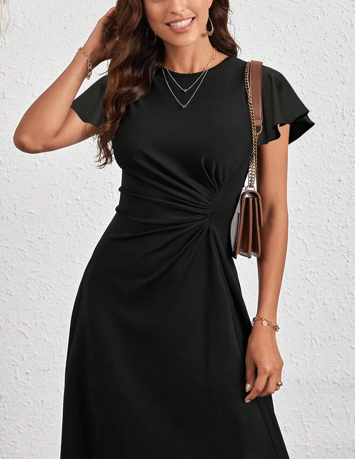 Robe Femme Chic et Elegant Midi Robe de Cocktail Mancheà Volants Robe Unie A-Line à Plis de Taille Robe de Soirée Fête Affaires