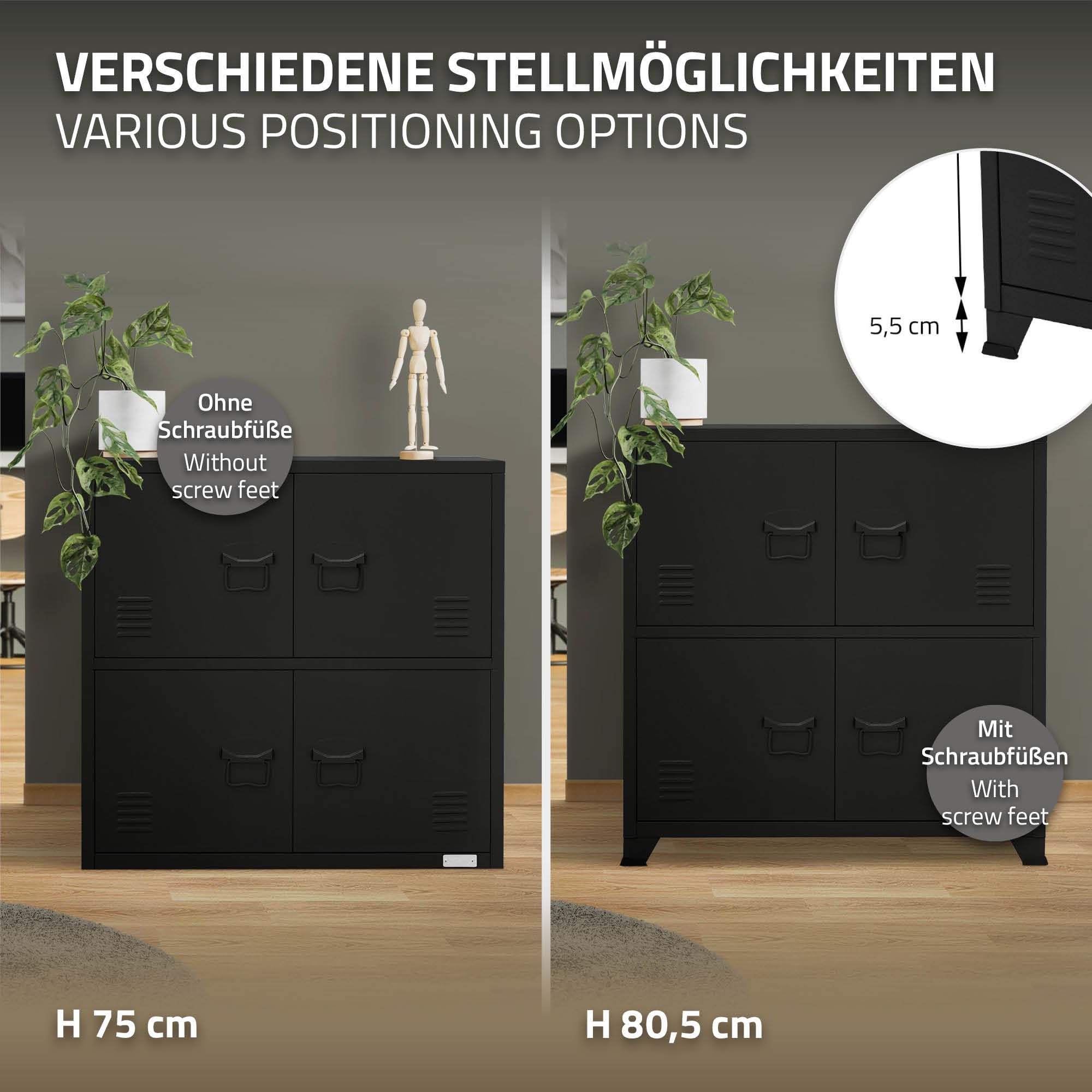 ML-Design Schedario da Ufficio 75x40x80,5 cm Nero Acciaio Mobile a 4 Gambe Armadietto in Metallo 4 Ante 2 Scomparti Interni Armadio Industriale Portadocumenti in Acciaio di Stoccaggio Portaoggetti