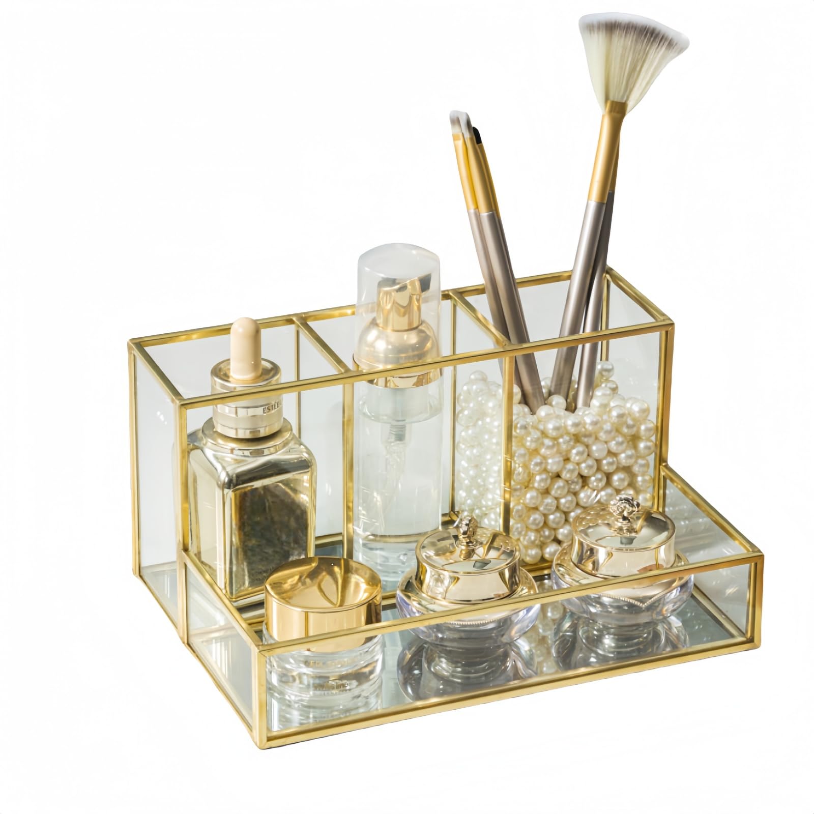 Slheqing Gold A Cosmetic Organizer Glass Makeup Brush Holder Clear Makeup Organizer, Perfume Jewellery Organiser Tray