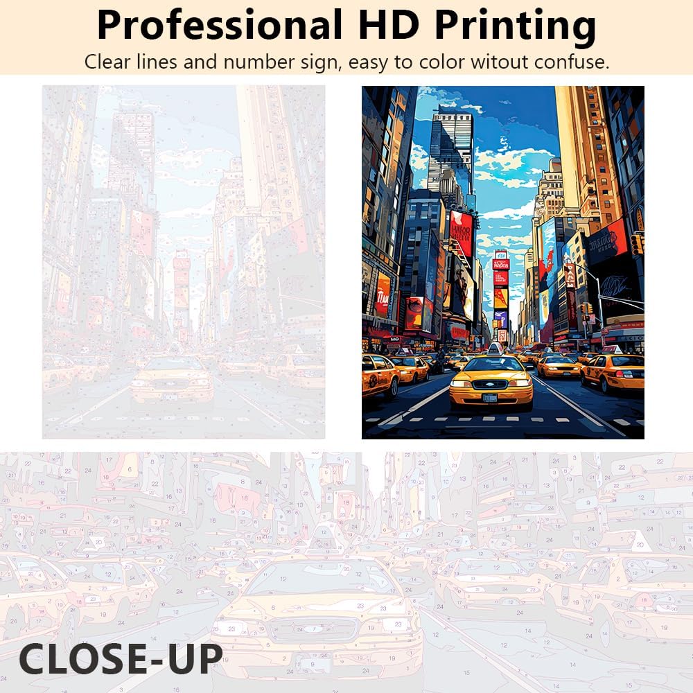 Streets of New York City Paint by Numbers Kit for Adults, Yellow Cab in Downtown Manhattan in New York City DIY Paint by Numbers Kit for Adults Canvas Painting Arts and Craft 16x20 Inch With Frame
