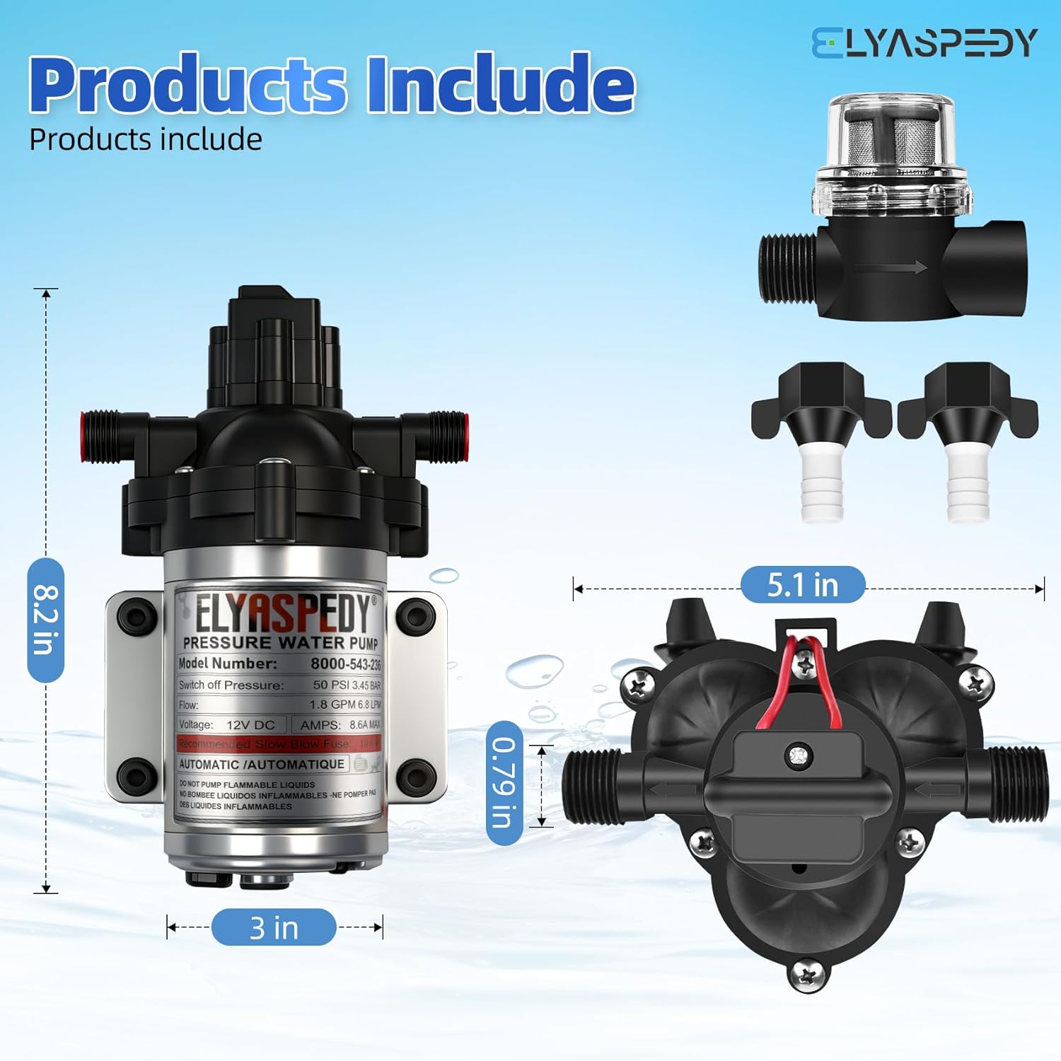 2026 Upgraded 8000-543-236 RV Fresh Water Pump, 12 V DC 1.8 GPM Self-Priming Diaphragm Water Pump, 108 GPH, 6.8 LPM, 50 PSI,Includes Pressure Switch and Detachable Filters,No Noise, for RV, Marine