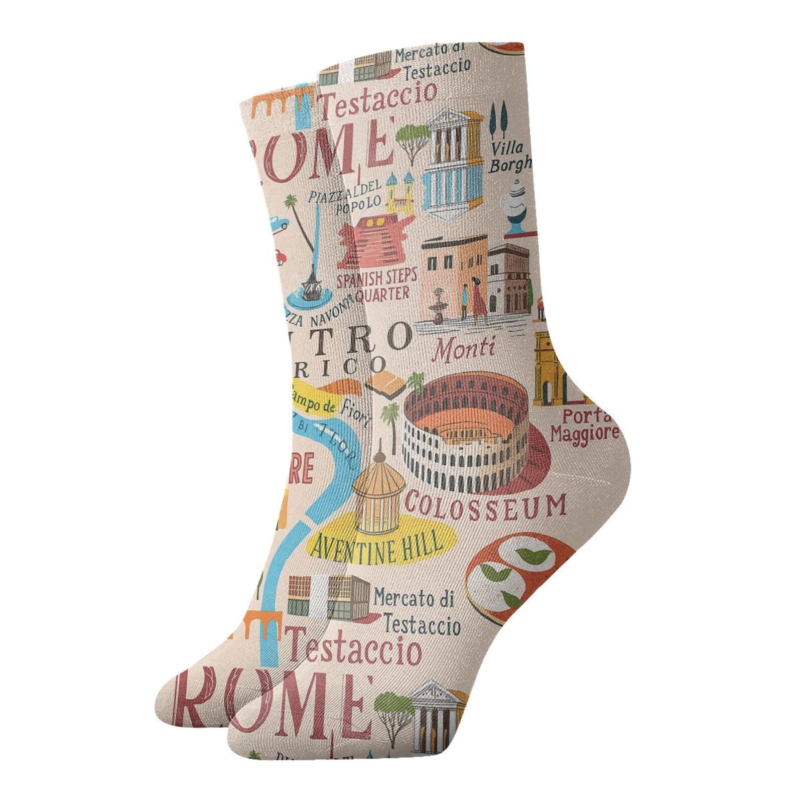 Uvbdf Unisex White Rome Map With Landmarks Illus Breathable Comfort Socks, Moisture Wicking Soft Socks For Daily Wear And Gym
