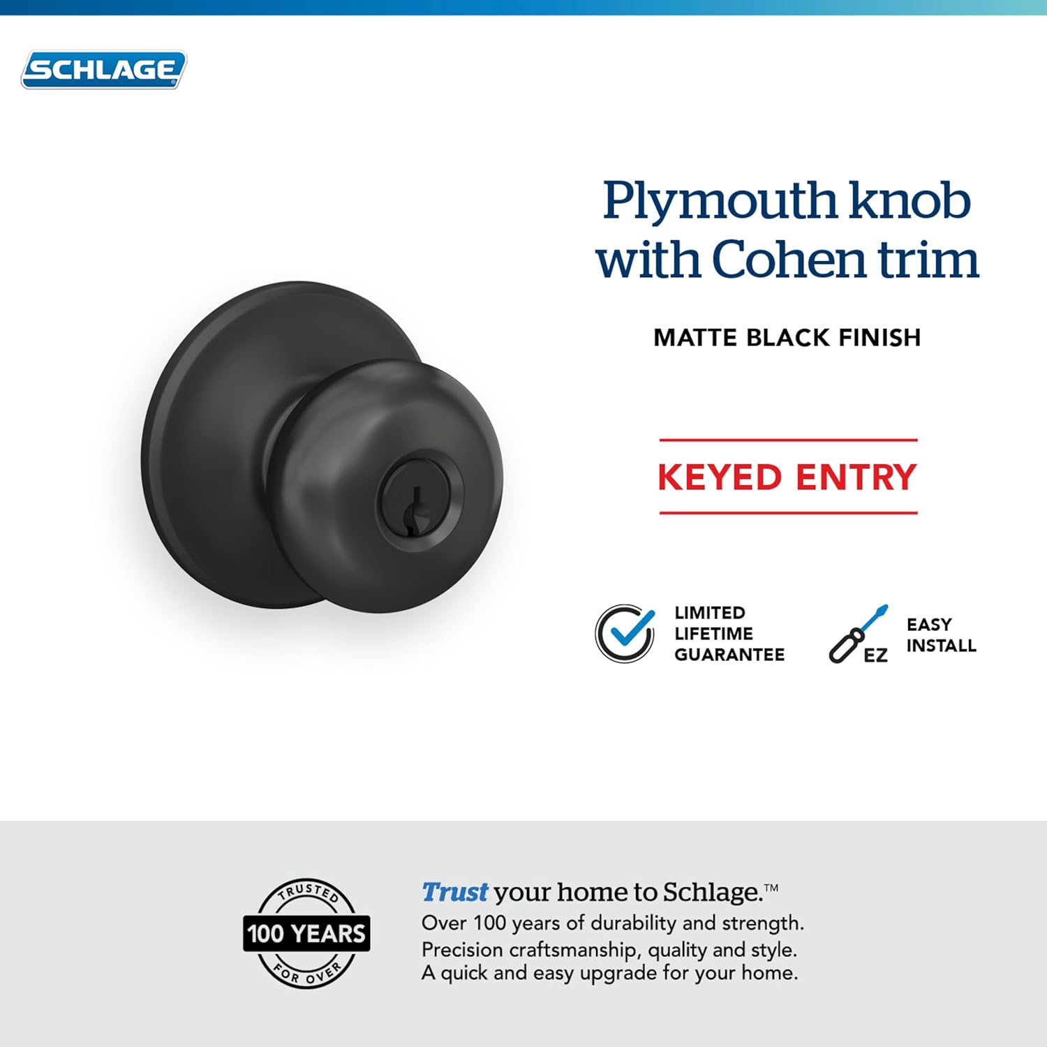 Schlage F51A PLY 622 COH Plymouth Door Knob with Cohen Trim, Keyed Entry Lock, Matte Black