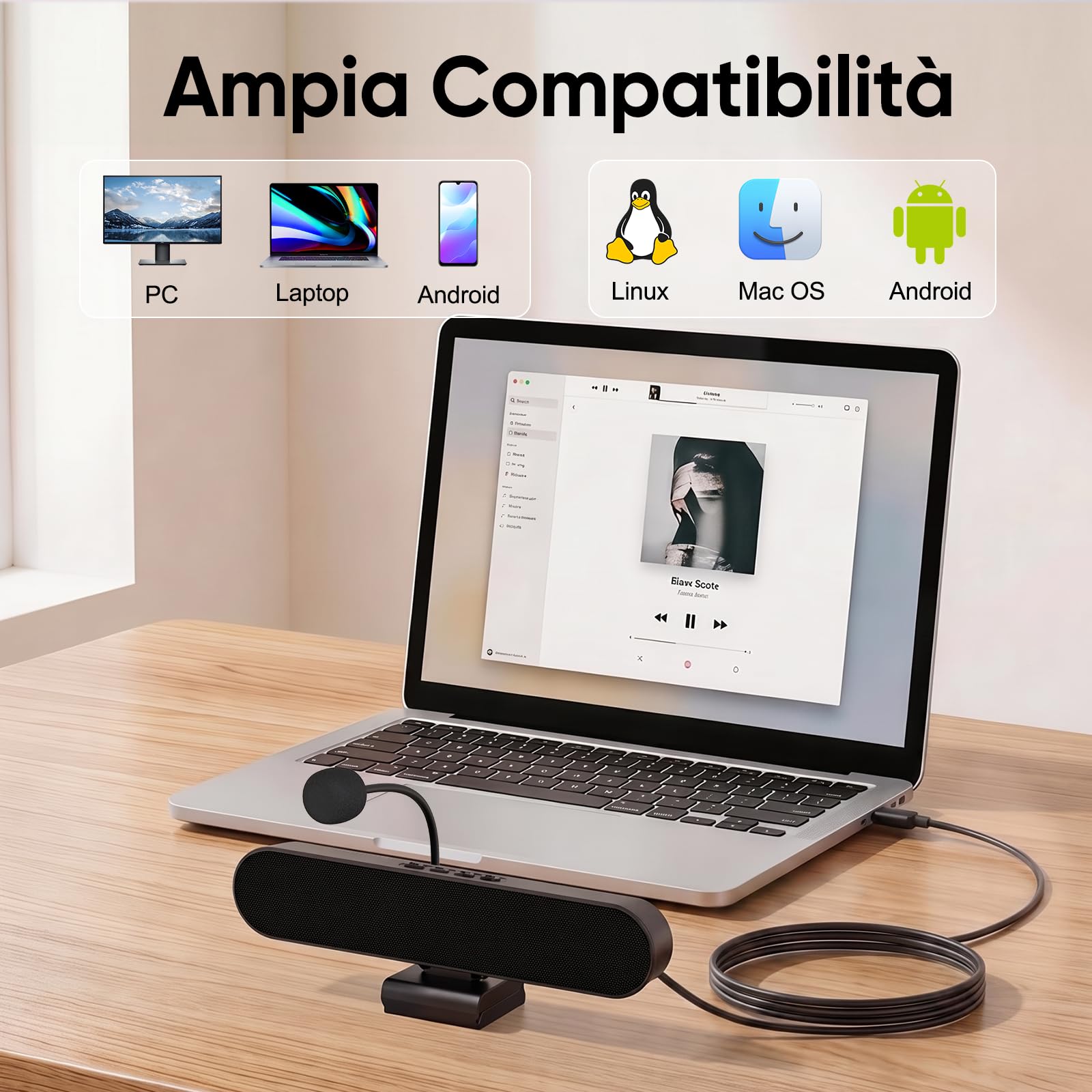 Inwa Cassa per PC USB con Microfono - Altoparlante Regolabile da Monitor Senza Ostruzione dello Schermo, Altoparlante Computer Stereo per Laptop, Desktop e PC, Plug and Play per Riunioni