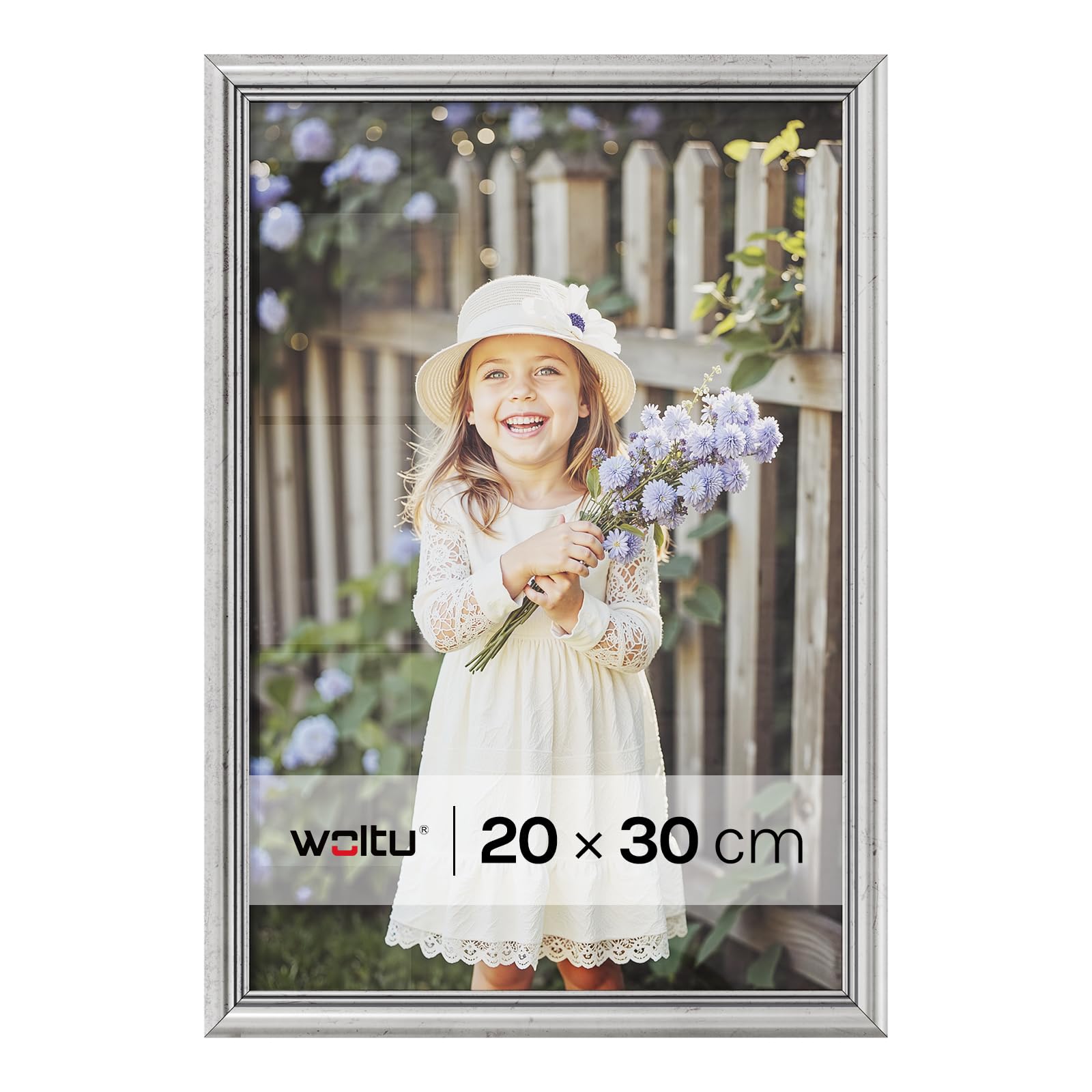 WOLTU Bilderrahmen 20x30 cm Silber, Fotorahmen aus Massivholz und PS-Platte, Holzrahmen mit Passepartout, zum vertikalen oder horizontalen Aufhängen/Aufstellen, Posterrahmen Collage Wanddeko