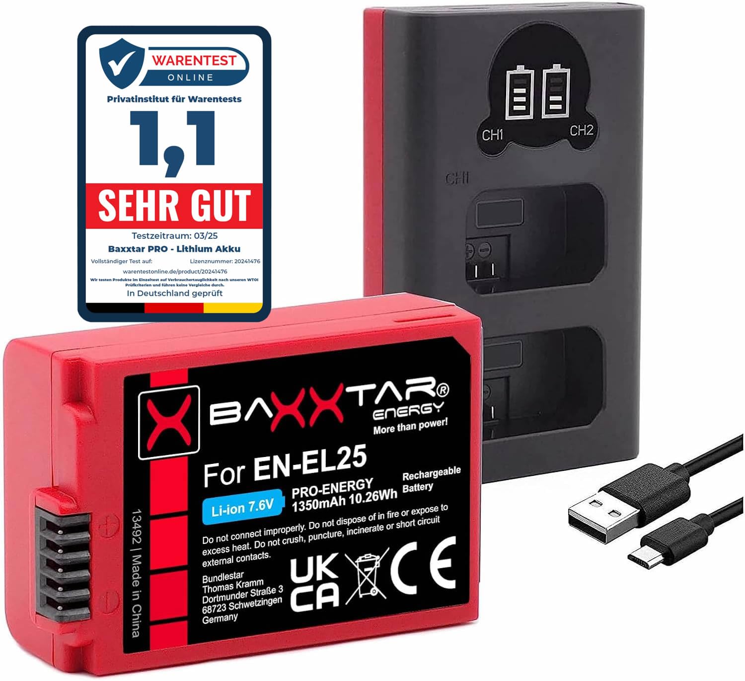 Baxxtar Set - EN-EL25 Batterie 1350mAh avec Chargeur 19112 USB-C Dual LCD