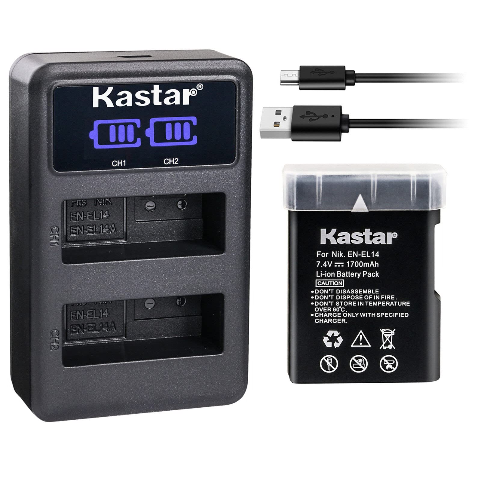 Kastar 1-Pack EN-EL14 Battery and LED2 USB Charger Compatible with Nikon Grip DF BG-2P 905-19045-00000-01, D3100/D3200/D3300, BG-2F 905-19021-00000-01
