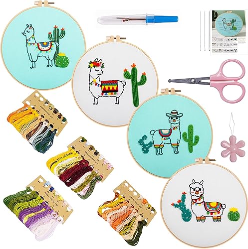 ProJoyJoy Paquete de 4 kits de iniciación de bordado con patrón, kit de punto de cruz para principiantes, incluye aros de bordado, tela,