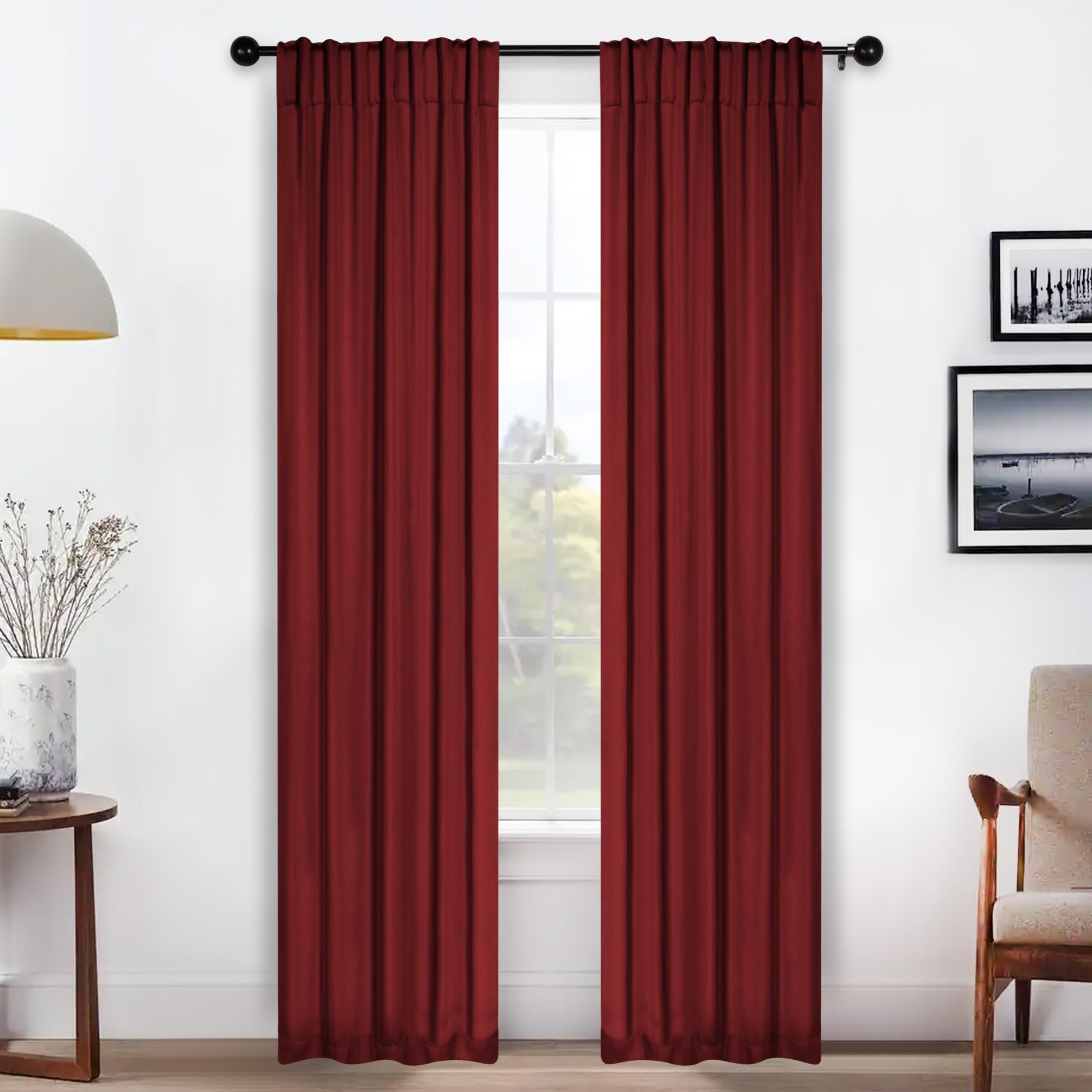 superior blackout curtains, room darkening, bedroom, drapes, kitchen, living room window accents, sun blocking, thermal, 2 pack, solid blackout back tab curtains, set of 2, 26" x 84", sangria