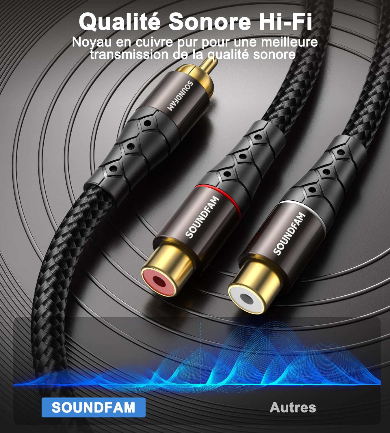 Répartiteur RCA Y Câble Répartiteur RCA/Phono SOUNDFAM 1 Mâle vers 2 Femelles Fiche Plaquée or Répartiteur Cinch​ Adaptateur Stéréo Y Pour Caisson de Basses, TV, Lecteur CD, Home Cinéma - Noir (30 cm)