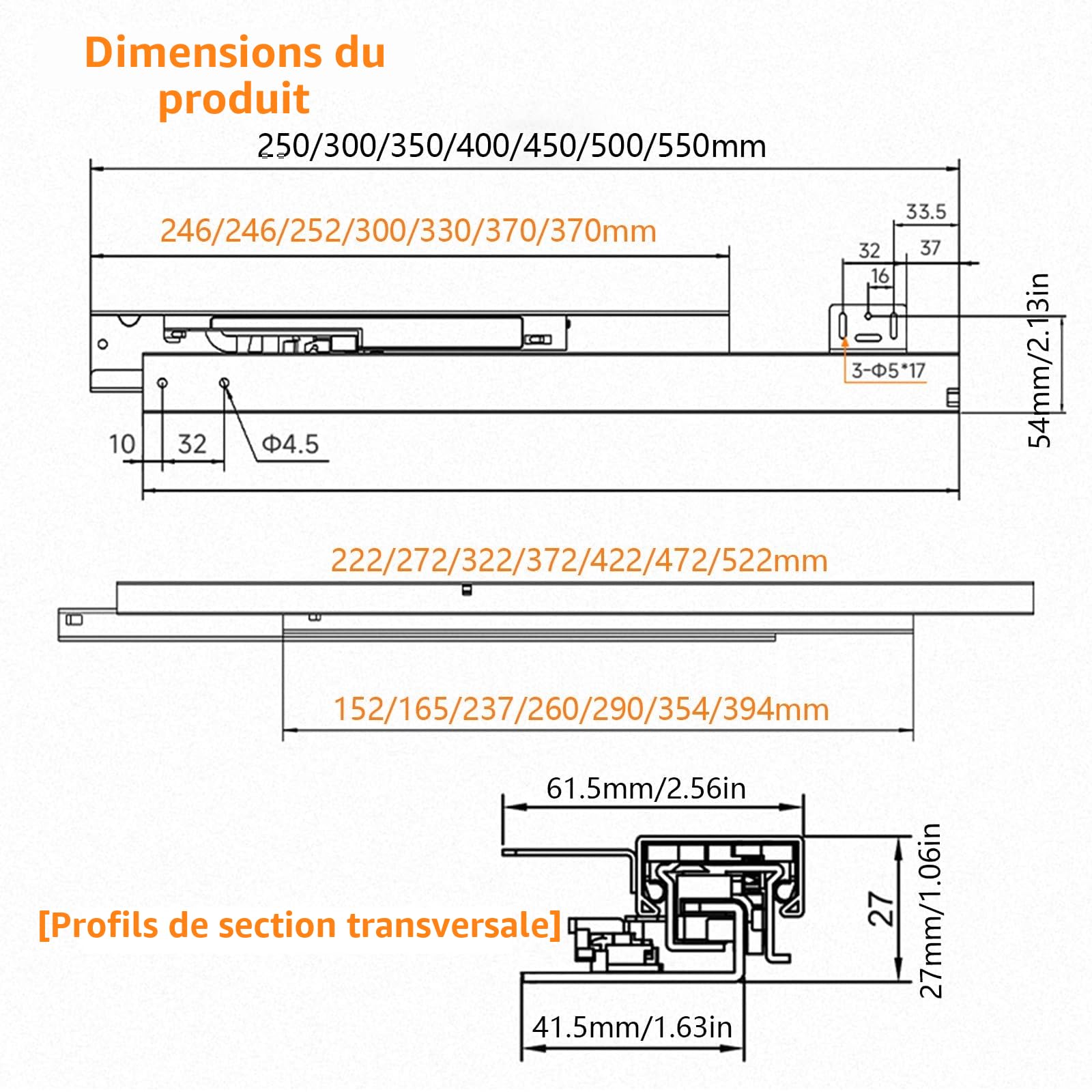 Glissières de tiroir à montage au sol avec extension complète - Capacité de charge 40 kg avec amortissement (50 cm (20 pouces))