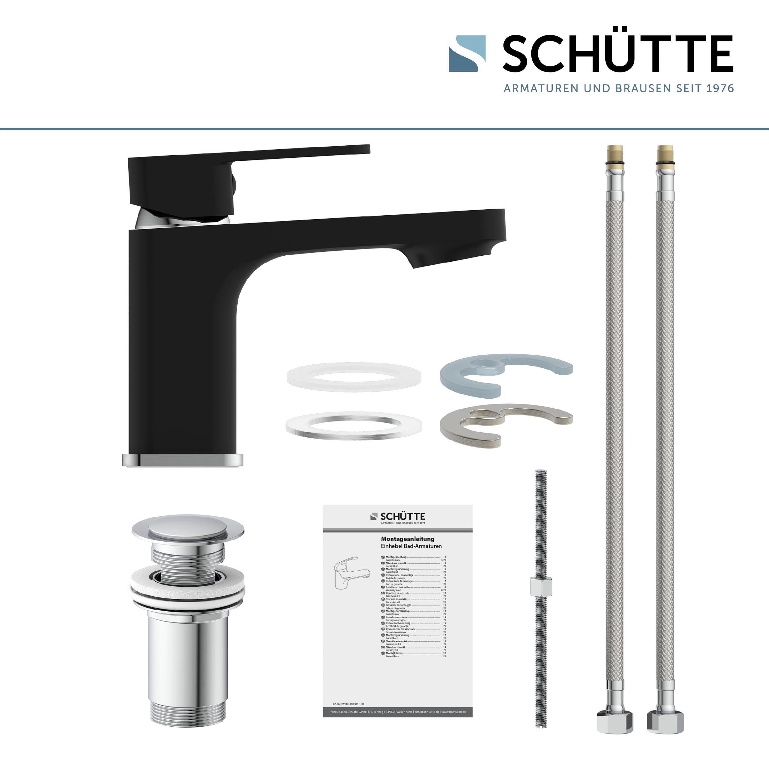 SCHÜTTE 43106 MADAGASKAR Waschtischarmatur mit Ablaufgarnitur, Mischbatterie mit Pop-Up Ventil, Badarmatur Waschbecken, Einhebelmischer Badezimmer, Wasserhahn Bad, Schwarz Chrom