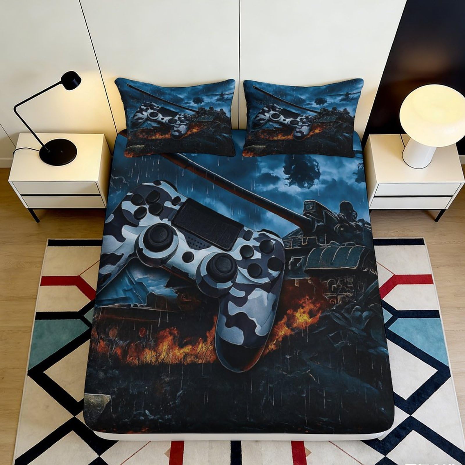 3D Printed Camouflage Gamepad Fitted Sheet Microfiber Soft Tank Battle Bed Cover for Bedroom Dorm Room Decor 140x200x25cm