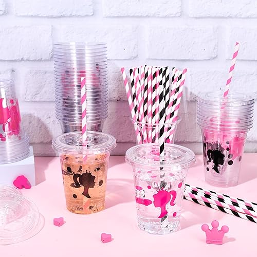 Miniatura 4 de Whaline 50 vasos de plástico desechables para niñas con tapas y pajitas de 12 onzas con temática de princesa negra y rosa para fiestas temáticas de