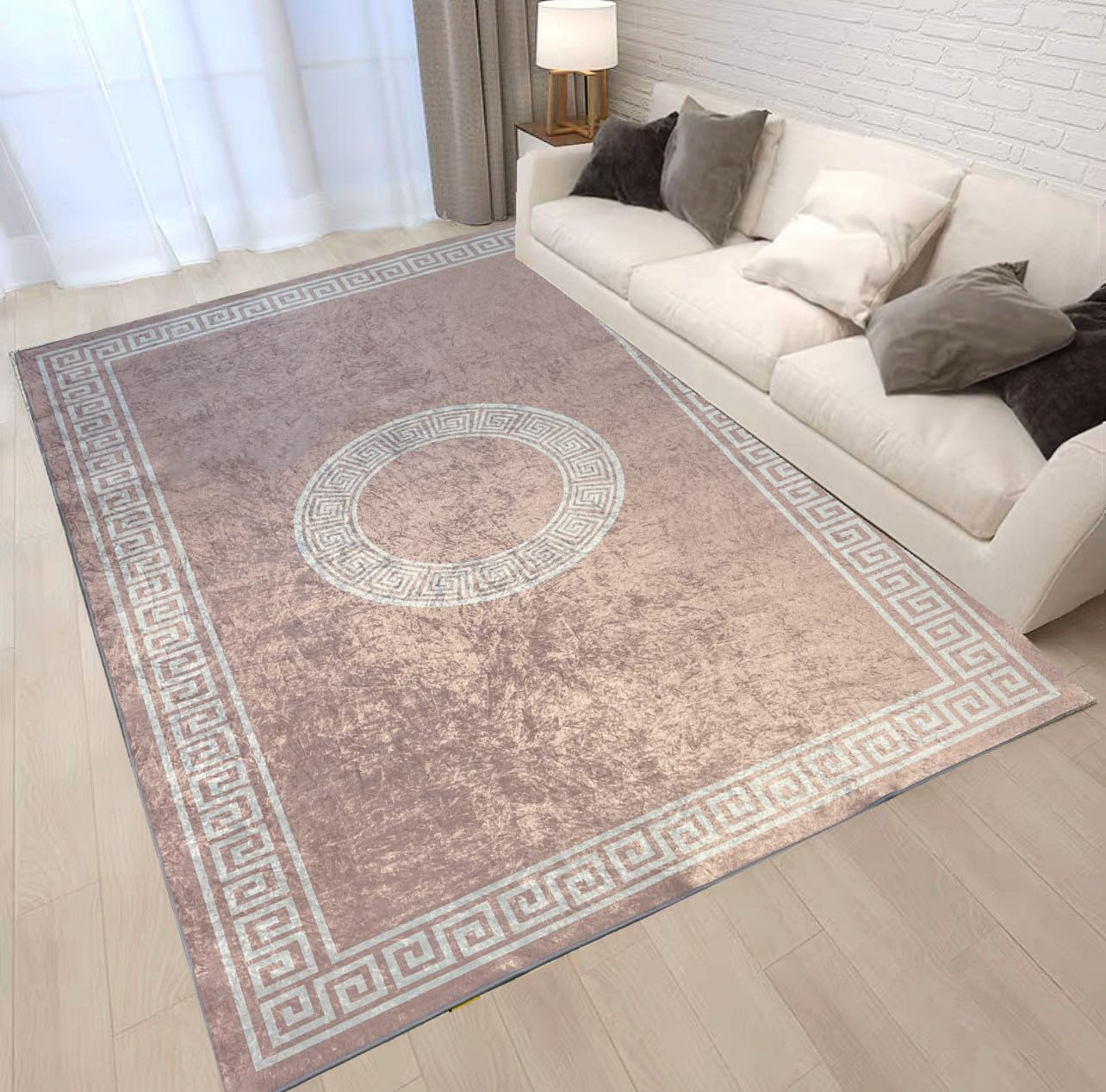 Alfombra para Salón, Dormitorio, Cocina Pelo Corto Diseño Moderno 150x200cm - Alfombra Suave, Alta Resistencia, Lavable - Base Antideslizante (Greco Circulo Rosa)
