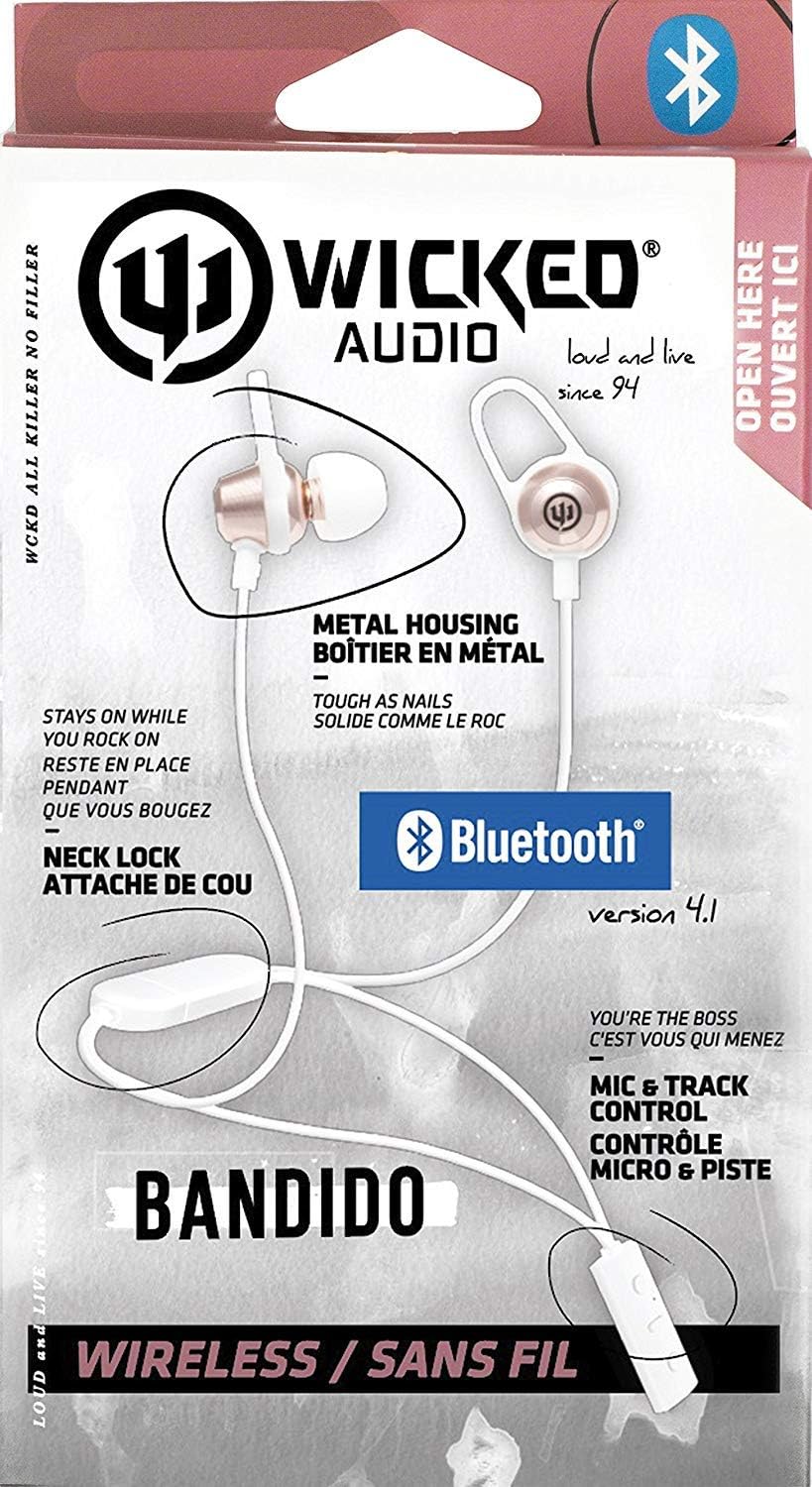 Wicked Audio Bandido Wireless — Bluetooth Earbuds with Microphone and Track Control — Wireless Headset with Metal Housing, Loop and Fin Attachments and Enhanced Bass — Rose Gold