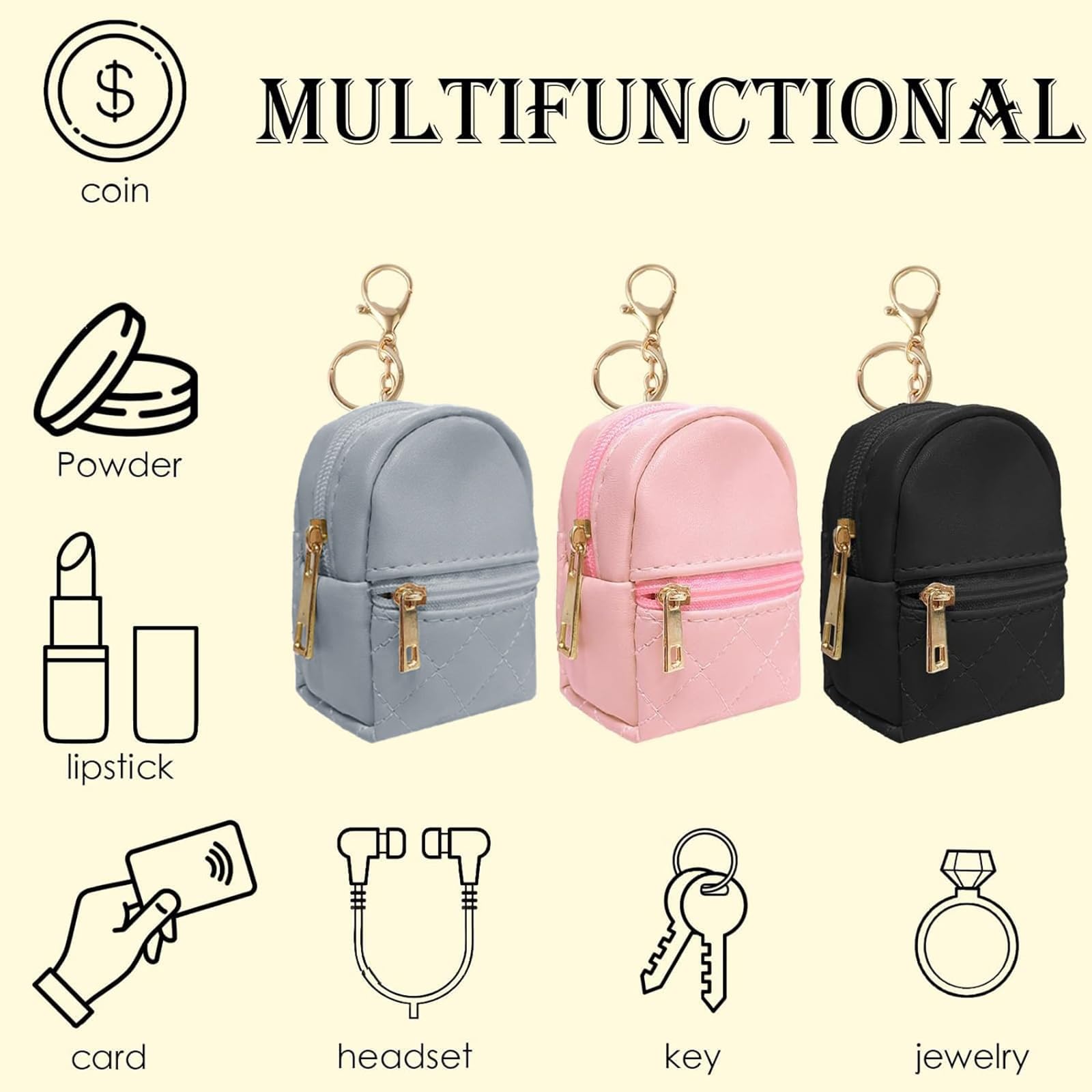 ONRAGT Mini Pochette avec Porte-Clés, 3 Pièces Beau Mini Porte Monnaie Femme Cuir PU Mini Sac a Dos Noir Gris Clair Rose Peut Accueillir des Pièces de Monnaie, Rouge à Lèvres, Clés, Câbles de Données