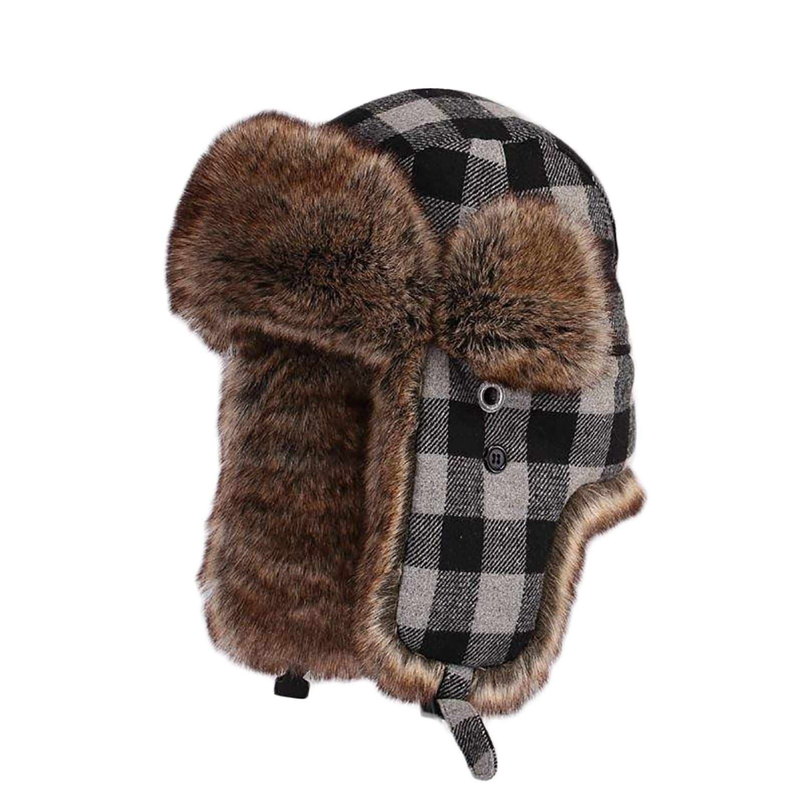 G&F Unisex Gray Bomber Hat Wool Plaid Trapper Hat Faux Fur Earflap Russian Ushanka Hat Winter Outdoor Ski Snow Warm Thick Lined (Color : Size : 60)