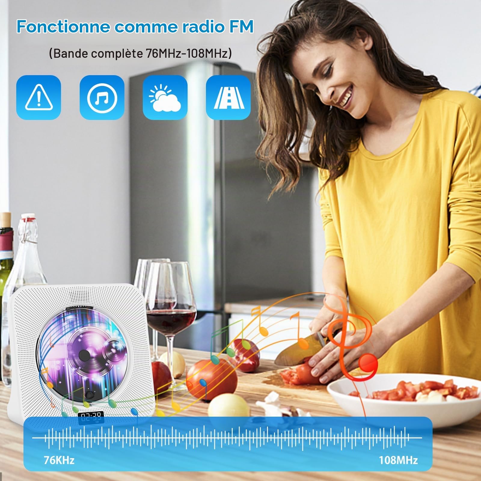 Gueray Lecteur CD Bluetooth portable HiFi avec haut-parleurs USB et prise casque, double haut-parleur multifonction pour la maison
