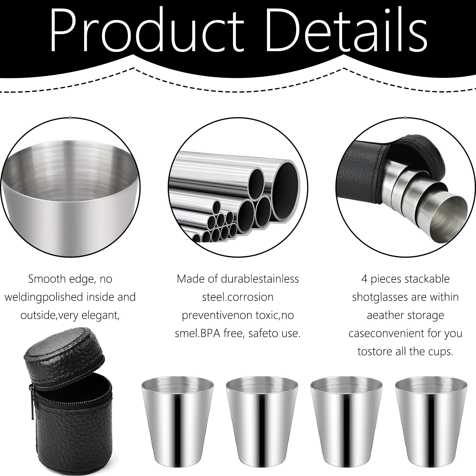 8 bicchieri in acciaio inox, 30 ml, impilabili, piccoli bicchieri in acciaio inox, impilabili con 2 custodie in pelle con chiusura lampo, per campeggio, picnic, escursionismo