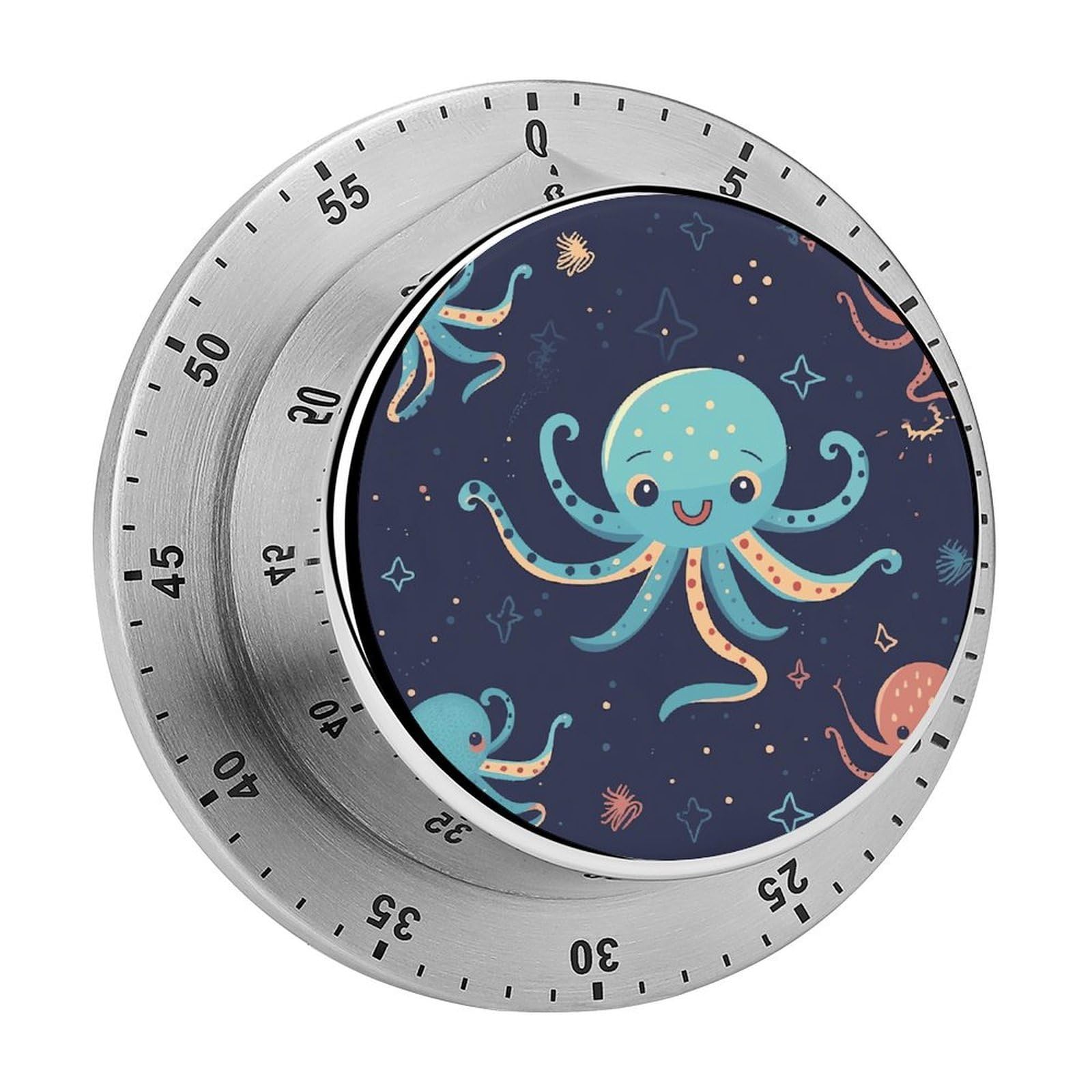 Cartoon Octopus Timer Exquisite Stainless Steel Body Mechanical Desk Timers 60 Minutes Visual Countdown Timers with Magnetic Backing Loud Alarm Kitchen Timer for Cooking