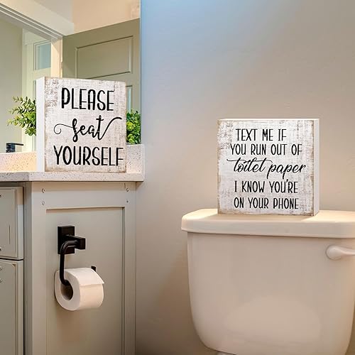 Miniatura 4 de Jetec 2 piezas de letreros de baño de granja, decoración de caja de madera, divertido arte de pared de baño, placa de madera rústica, decoración