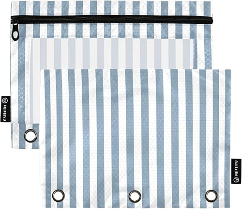 FJDENG Estuche para lápices de rayas azules con 3 anillos, bolsa con cremallera y ventana de PVC transparente para la familia, oficina, paquete de 2