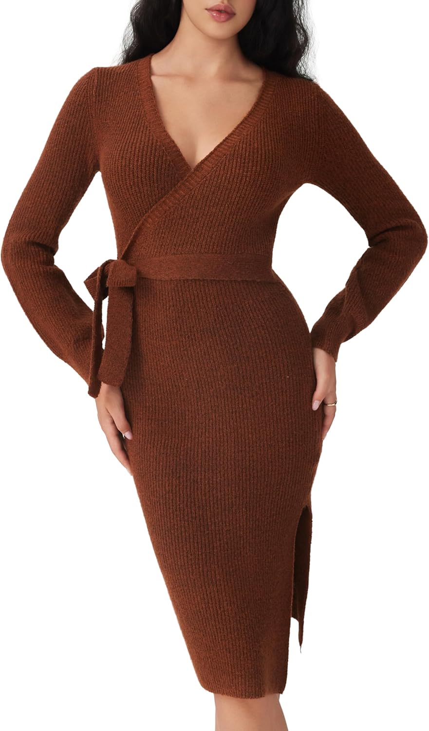 CIDER Women's Wrap Knit Dress Long Sleeve Tie Waist Midi Sweater Dress - Image 4