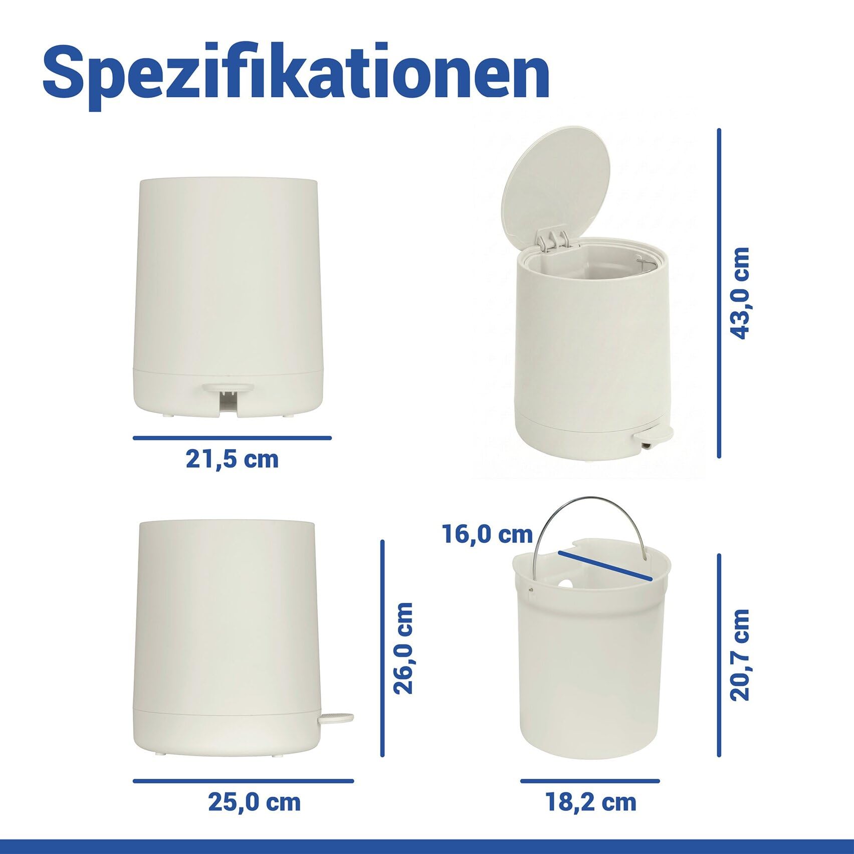 WENKO Kosmetik Treteimer Mod. Fablo aus Kunststoff, Soft-Touch-Beschichtung, Bad-Mülleimer 5 L, Abfalleimer mit Easy-Close Absenkautomatik und Einsatzbehälter, für Bad, Küche oder Büro, creme matt