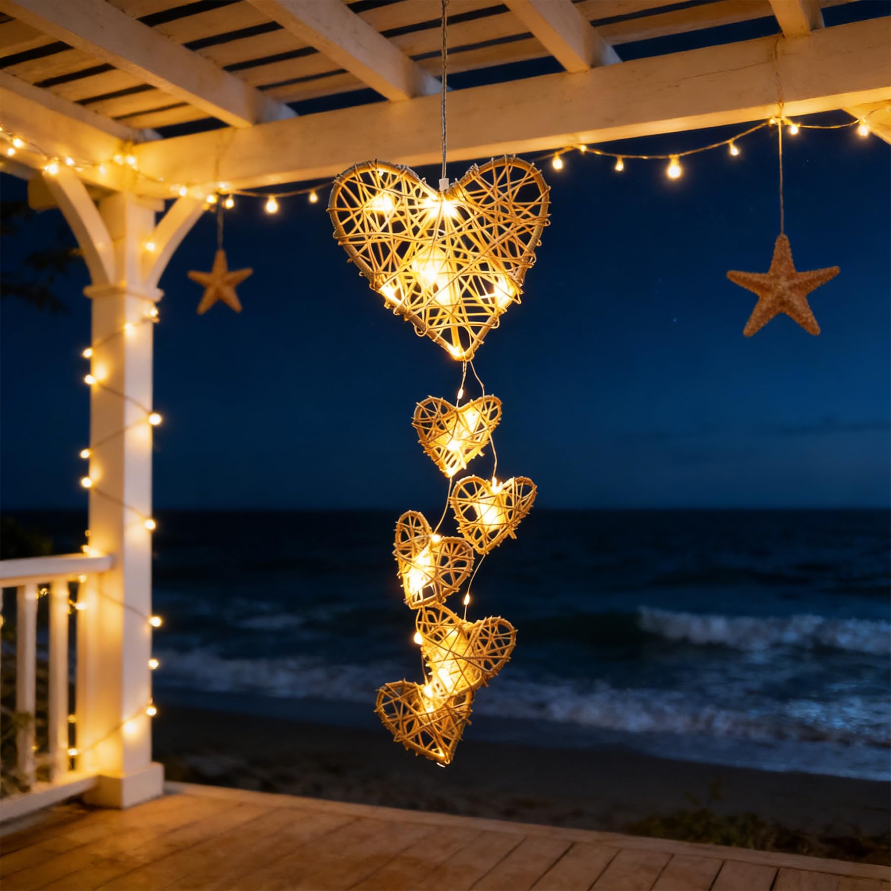 Ramadan Decorative Fairy Lights, Heart Fairy Lights with 6 Illuminated Rattan Hearts, LED Decorative Hanger, Battery Operated in White, Warm White Heart Decoration for Wall Decoration, Hanging