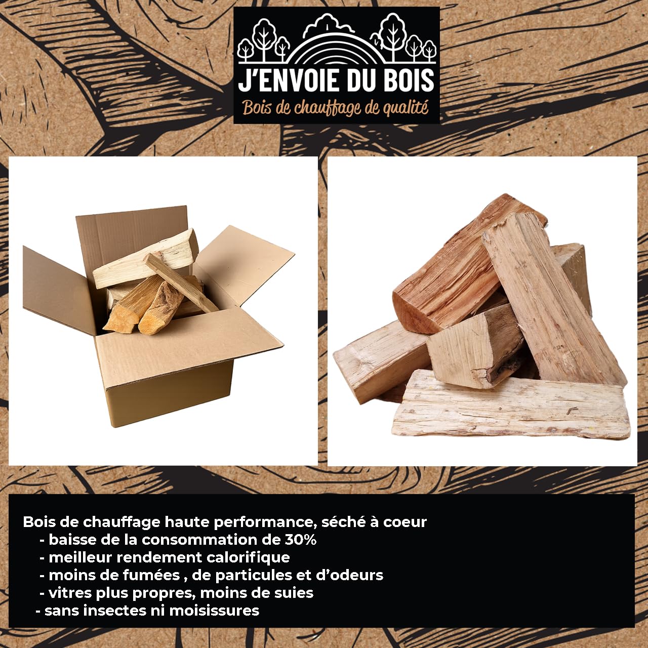 J'ENVOIE DU BOIS - Bois de Chauffage 30cm - Carton de 35 litres - Bûches Extra sèches (étuvées) - Poêle, Insert cheminée, brasero, Barbecue, Four à Pizza - Mélange Bois durs (hêtre, chêne, frêne)
