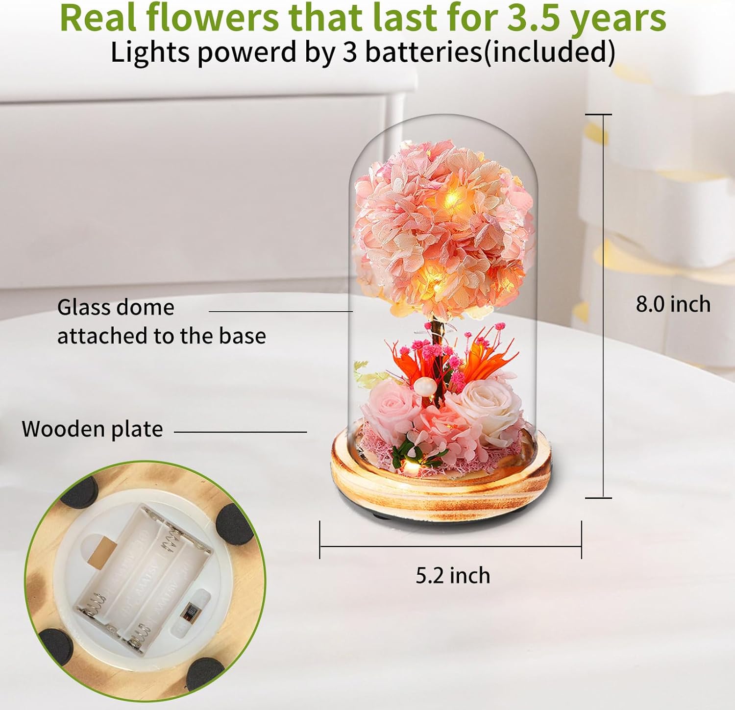 Christmas Gift Preserved Roses with LED Lighted Glass Dome, 8 inch 3D Hydrangea Tree with Pink and White Floral Arrangement,Wooden Base,for Indoor Decoration and all occasions to express love - Image 3