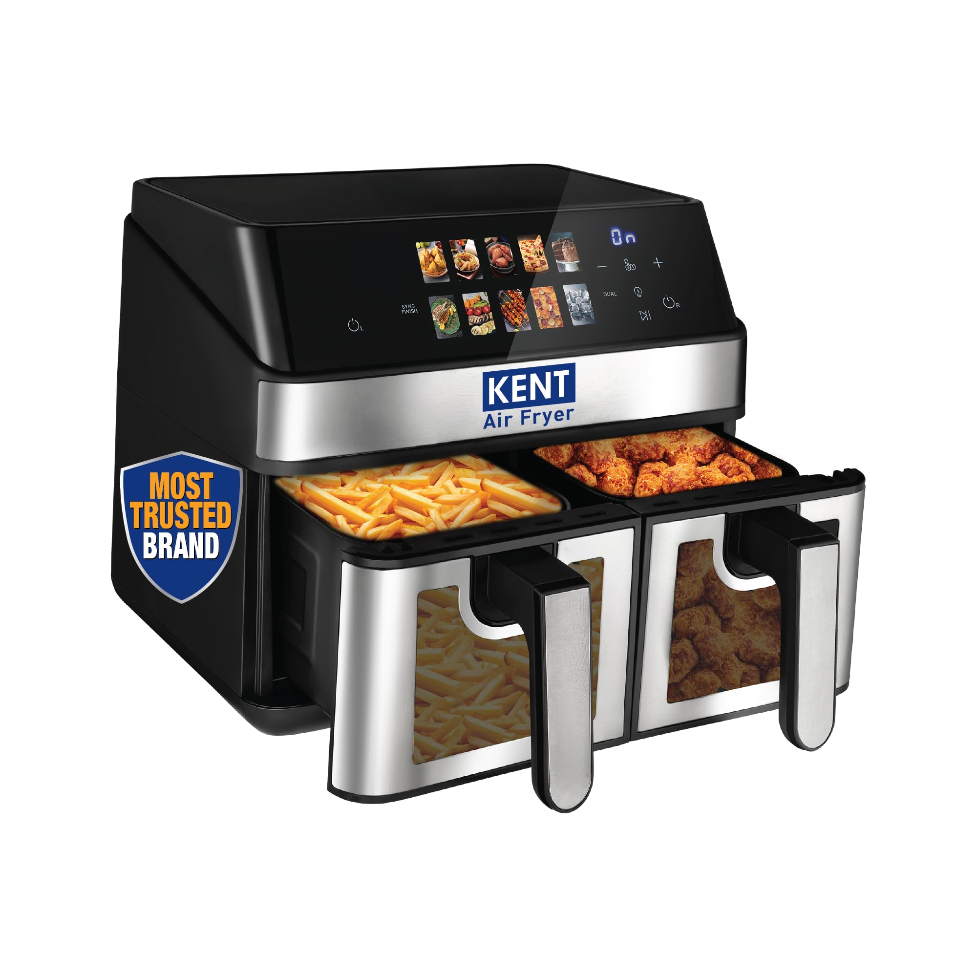 KENT Digital Air Fryer 10L| 2000W | Up to 80% Less Oil Usage | 10 Preset Menu |Digital Display & Touch Control Panel |Glass Window with in built Light | Dual Basket for Cooking 2 Dishes Simultaneously