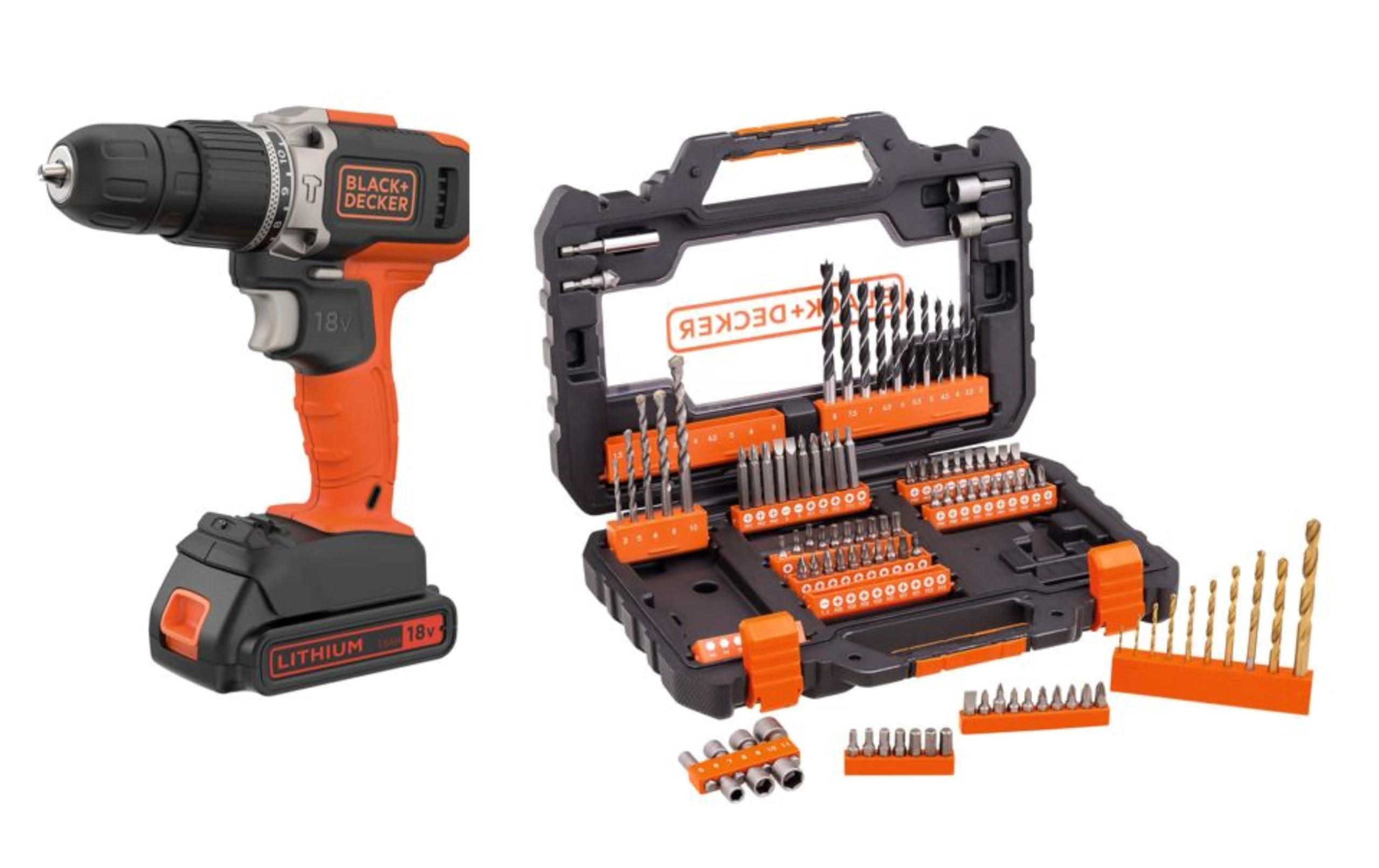 BLACK+DECKER 18V Hammer Drill & 1x 1.5Ah Battery + 104 pieces + Driver Easy Grip Case