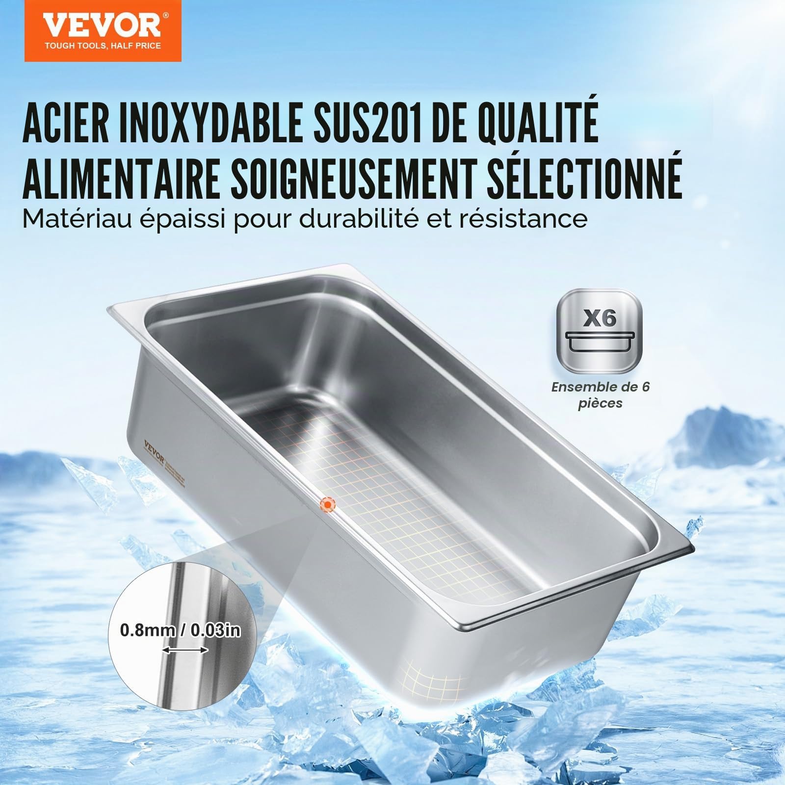 VEVOR Bac Gastronorme GN 1/1 Lot de 6, Récipient Inox pour Bain-marie 0,8 mm d'Épaisseur, Bac Inox Alimentaire 15 cm Profondeur, pour Fours à Convection, Réfrigérateurs, Stockage, Restauration