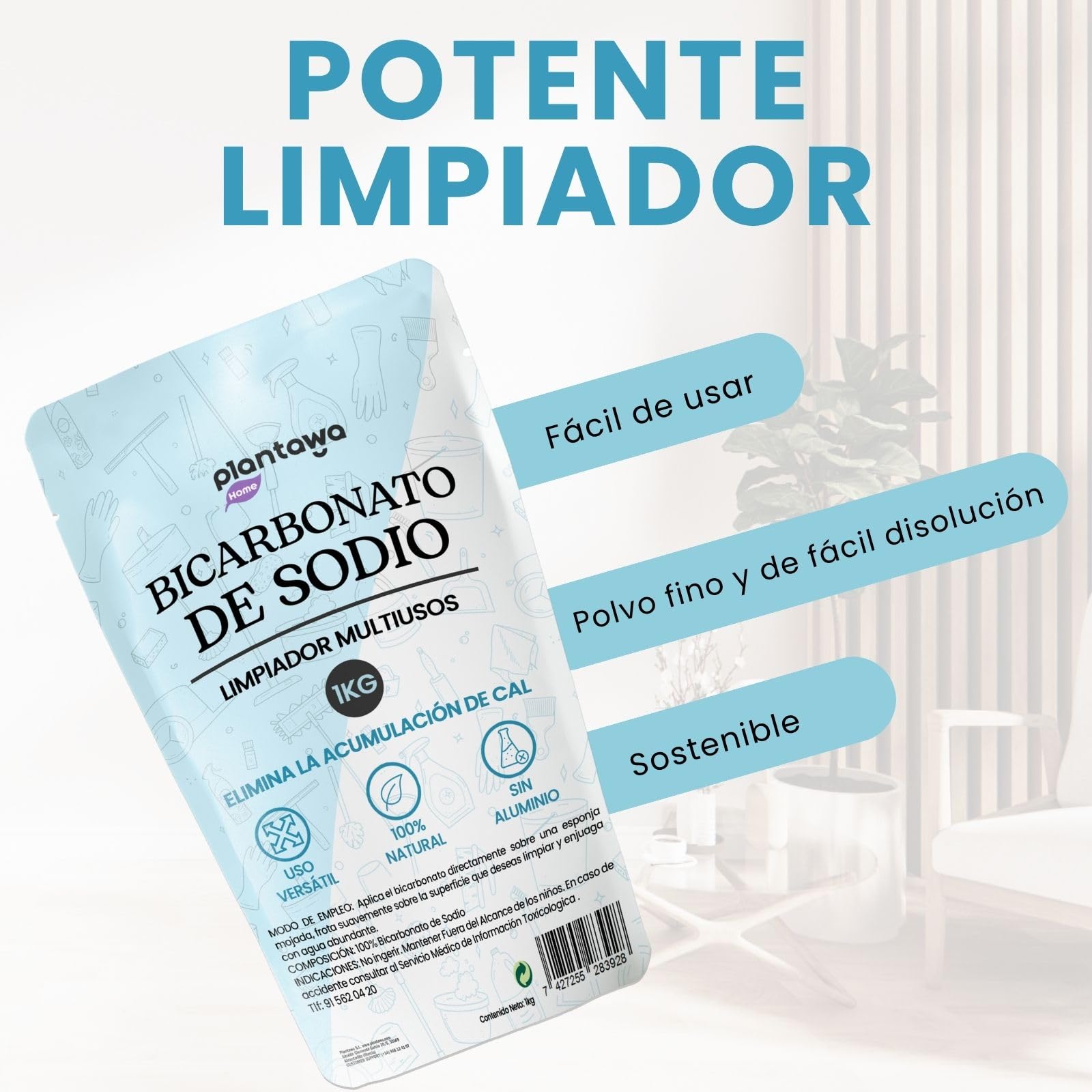PLANTAWA Bicarbonato de Sodio 1kg Doypack | Polvo Multiusos para Limpieza del Hogar | Cierre Resellable | Alta Solubilidad | Bicarbonato Sódico Puro | Baking Soda Limpieza