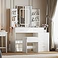 GAOMON Vanity Desk with Light, Makeup Vanity Set with 6 Drawers and Shelves, White Vanity with Charging Station, Vanity with Stool & 3 Lighting Color Adjustable