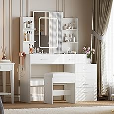 GAOMON Vanity Desk with Light, Makeup Vanity Set with 6 Drawers and Shelves, White Vanity with Charging Station, Vanity with Stool & 3 Lighting Color Adjustable