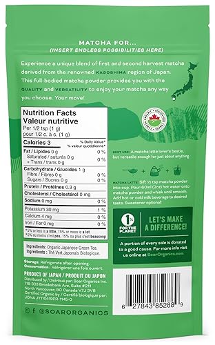 Miniatura 2 de Soar Organics - Polvo de té verde matcha de grado diario - Auténtico origen japonés - Mezcla de primera y segunda cosecha (3.52 onzas)